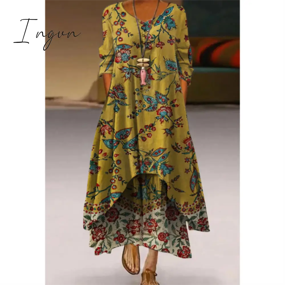 Ingvn - Fashion Summer Maxi Dress Women's Printed Sundress Casual Short Sleeve Vestidos Female High Waist Robe Femme midi elbise