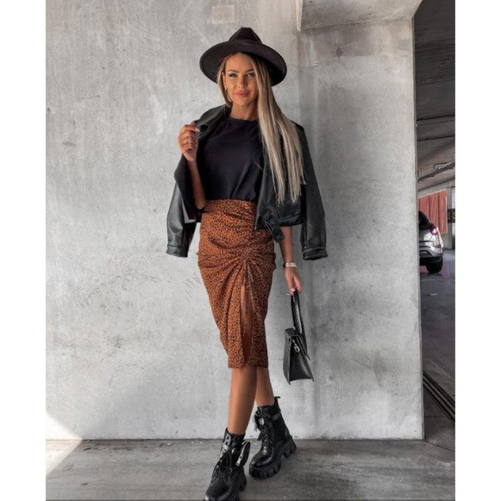 Voguable Midi Skirt Women Leopard Spring Lace Up Slit Bodycon High Waist Drawstring Printed Sexy Skirt Casual Office Female Skirt