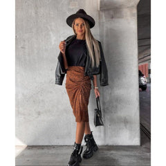Voguable Midi Skirt Women Leopard Spring Lace Up Slit Bodycon High Waist Drawstring Printed Sexy Skirt Casual Office Female Skirt