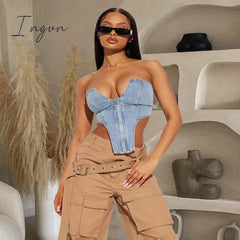Ingvn - Summer New Irregular Strapless Zipper Denim Crop Top Corset Women Blue Jeans Tube Tops Party Clubwear Streetwear Clothes