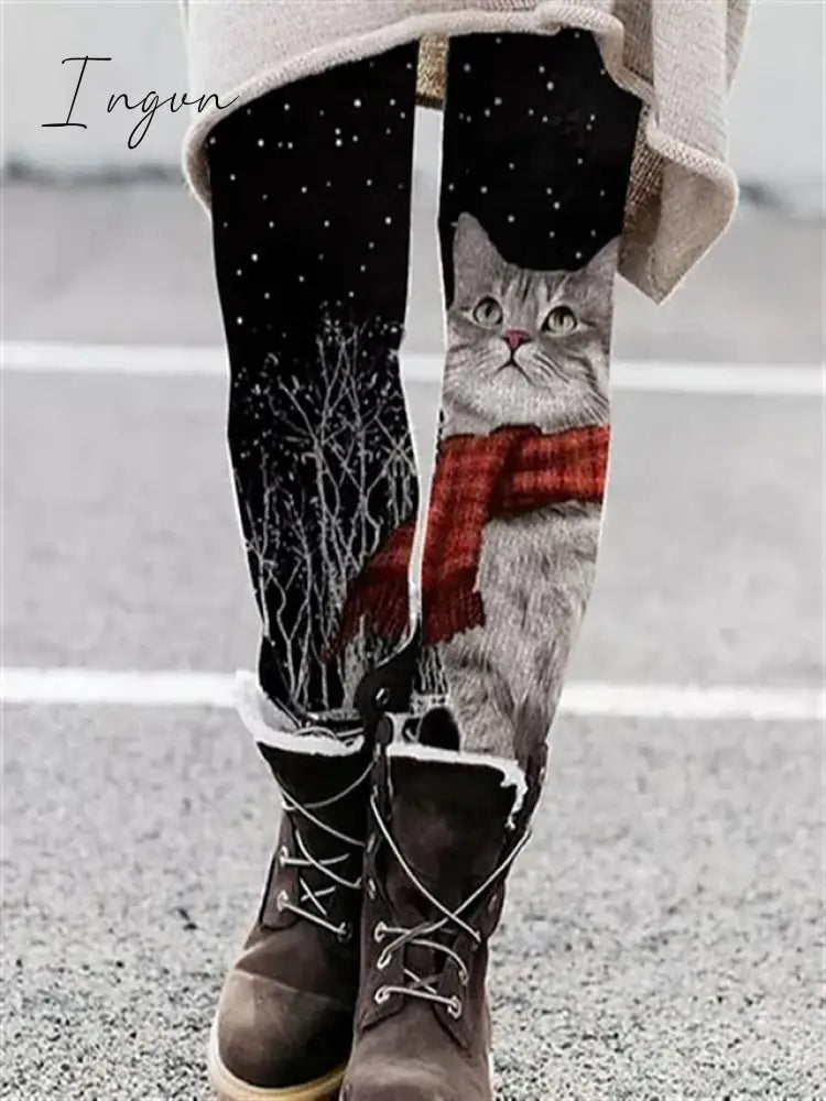 Ingvn - Women's Tights Leggings Black White Burgundy Fashion Halloween Leisure Sports Weekend Print Stretchy Full Length Tummy Control Cat S M L XL XXL