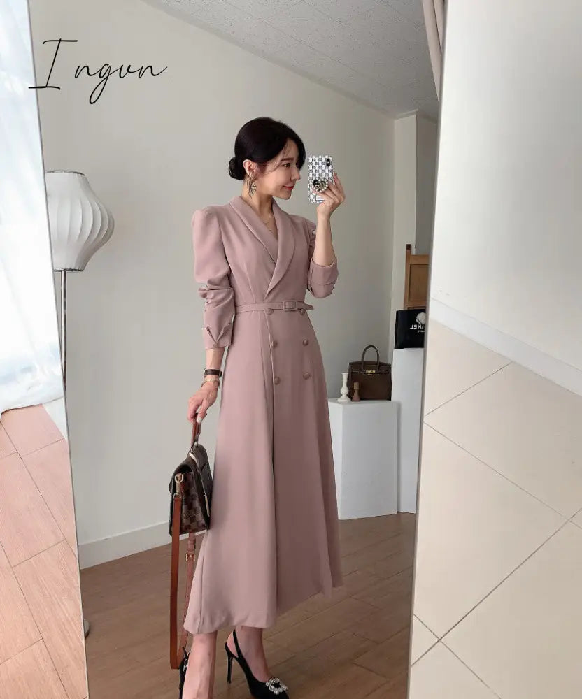 Ingvn - New French Spring Elegant Double Breasted Belted Sashes Women Suit Dress Autumn Office Long Sleeve Slim Waist Female Dress