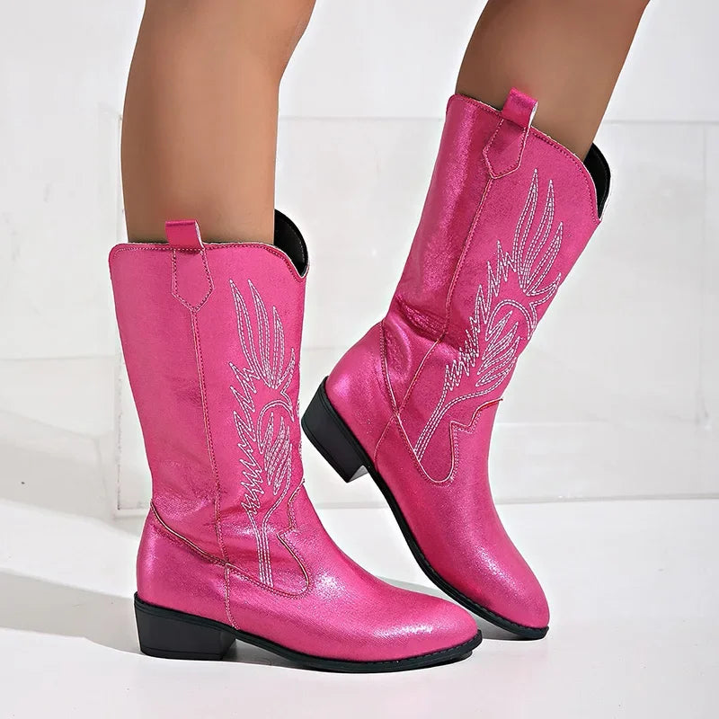 Ingvn  Vintage Thick Heel Women Western Cowgirl Boots Fashion Slip On Shoes Autumn Winter Embroidery Ladies Mid Calf Booties