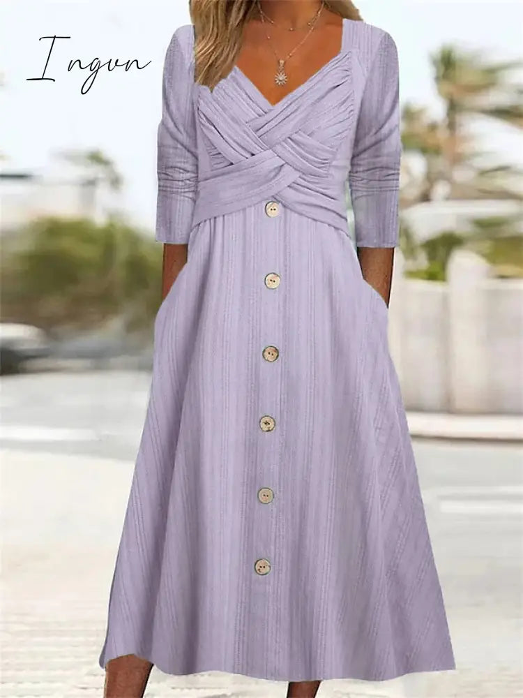 Ingvn - Women's Casual Dress Summer Dress Pleated Dress Plain Ruched Button V Neck Midi Dress Fashion Mature Outdoor Street Half Sleeve Loose Fit White Purple Green Summer Spring S M L XL XXL