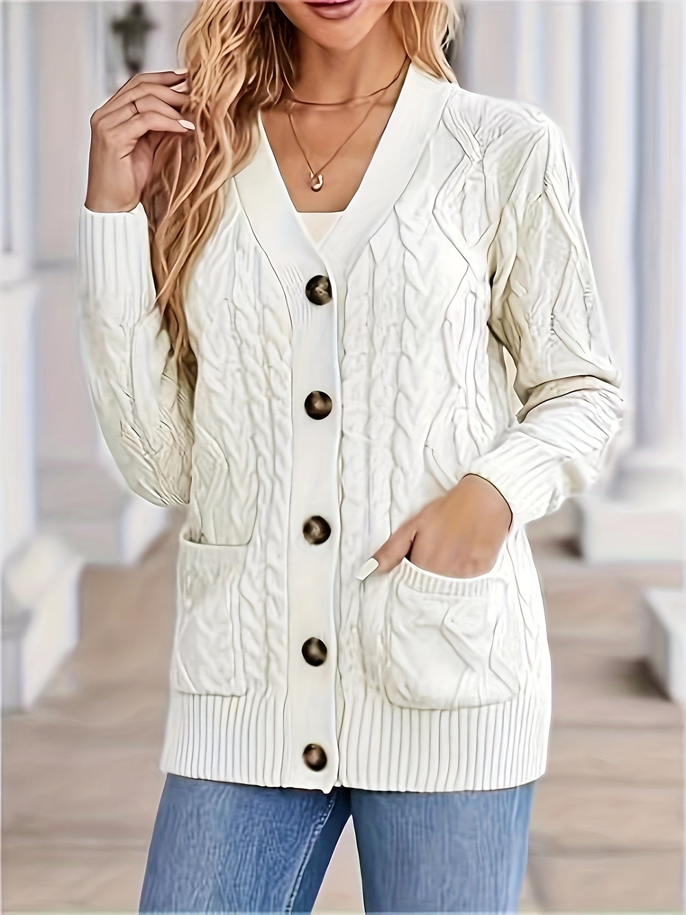 Cozy Cable Knit Long Sleeve Cardigan - Women's Casual Single Breasted Cardigans with Pockets for Spring & Fall - Soft, Comfortable, and Stylish Women's Clothing