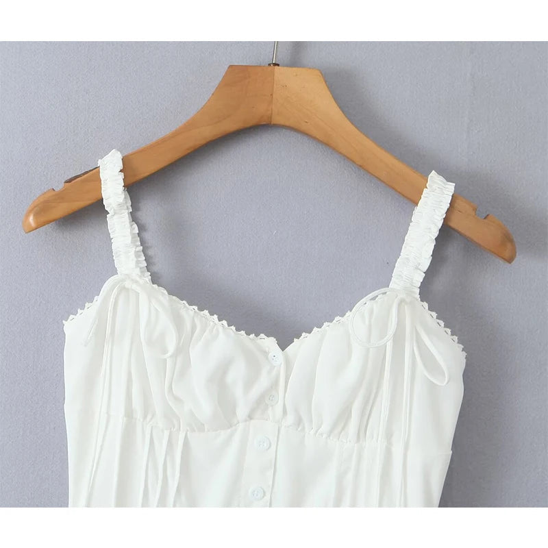 Elegant Women Midi Long White Sling Dress Sexy Sleeveless A-line Summer Holiday Party Dresses Female Robe