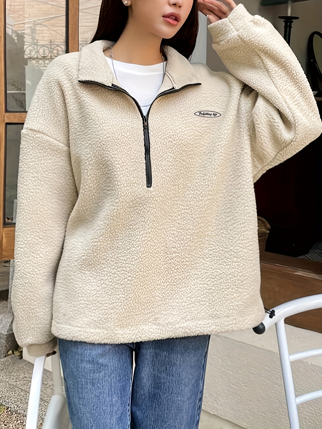 Solid Zip Front Plush Pullover Sweatshirt, Casual Long Sleeve Sweatshirt, Women's Clothing