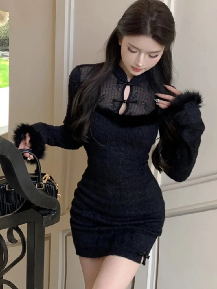 Vintage Mini Dress for Women Chinese Style Long Sleeves Bodycon Evening Party Dresses Autumn Female Slim Waist Vestidos Mujer