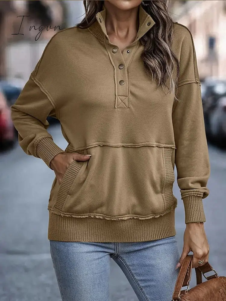 Ingvn - Women's Sweatshirt Pullover Basic Button Front Pocket White Pink Brown Solid Color Casual V Neck Long Sleeve Top Micro-elastic Fall & Winter