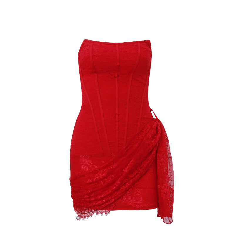 Pphmm birthday outfit Autumn New Women's Sexy Lace Mesh off-Shoulder Tube Top Slightly Transparent Slim Fit Dress Women