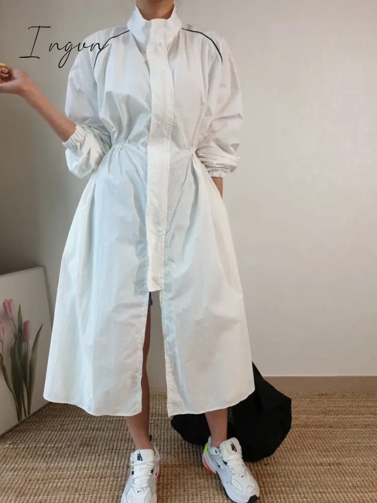 Ingvn - 2023 Autumn Long Sleeve Windbreaker Dress Korean Chic All-match Stand-up Collar Invisible Buckle Design Loose Vestidos