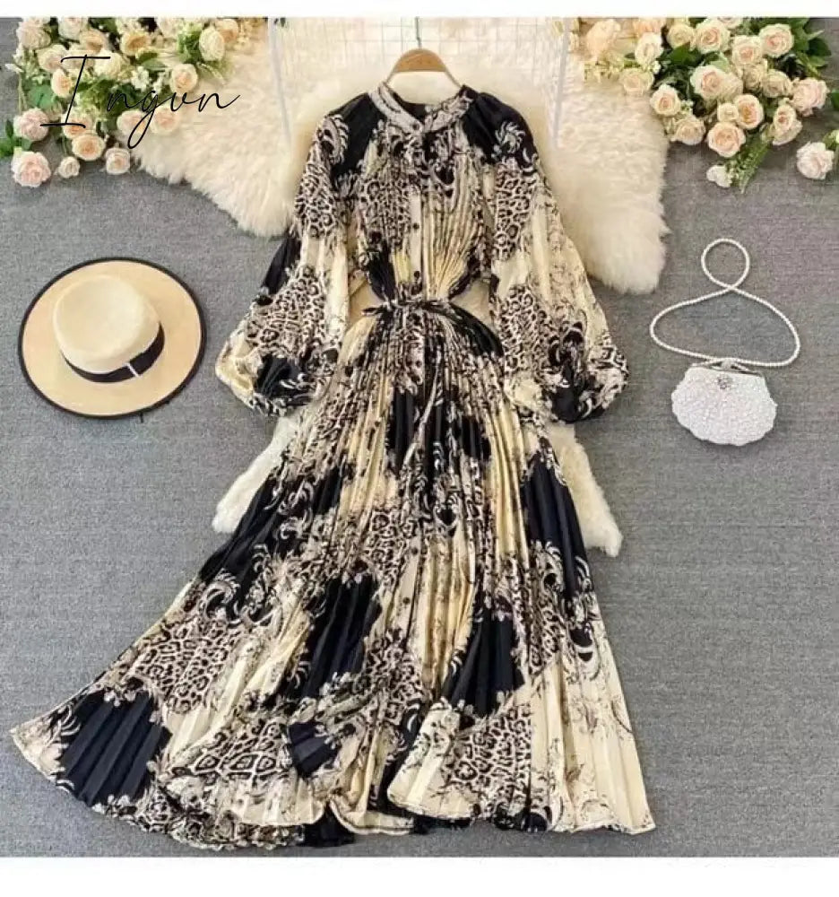 Ingvn - Retro spring and autumn new retro temperament breasted bow halter dress women's long-sleeved irregular knee-length dress