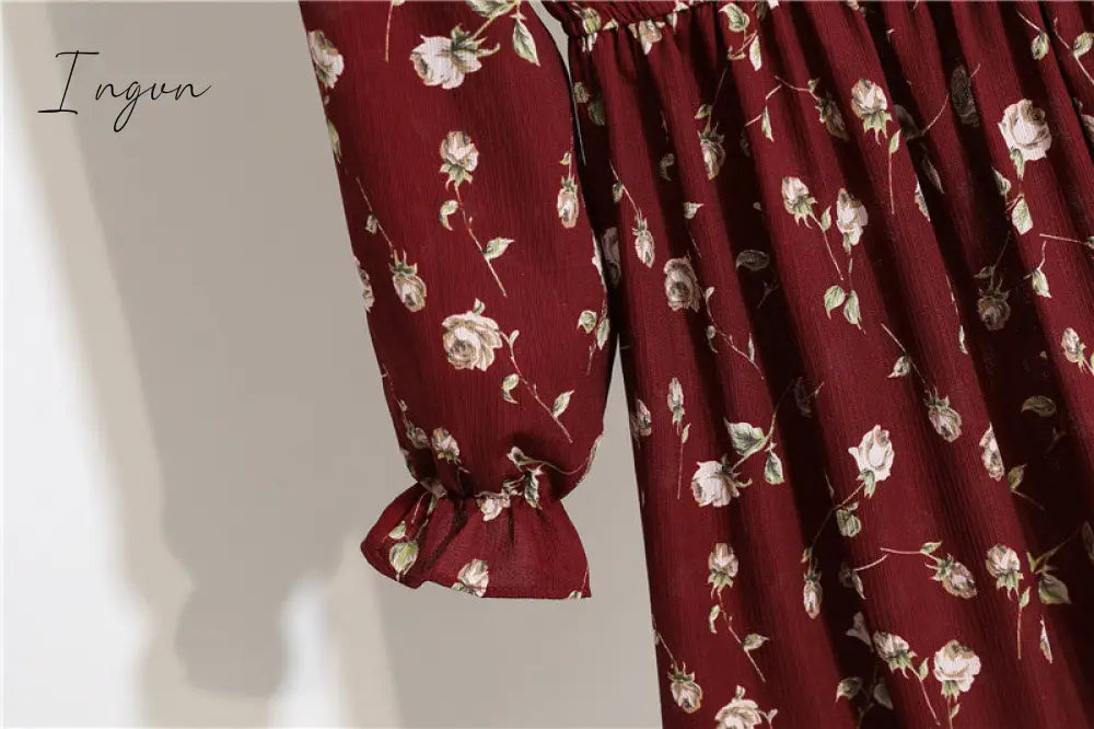 Ingvn - 11 Style Beautiful Fashion Summer Women Long Sleeve Dress Retro Collar Casual High Waist Dresses Floral Print Chiffon Clothing