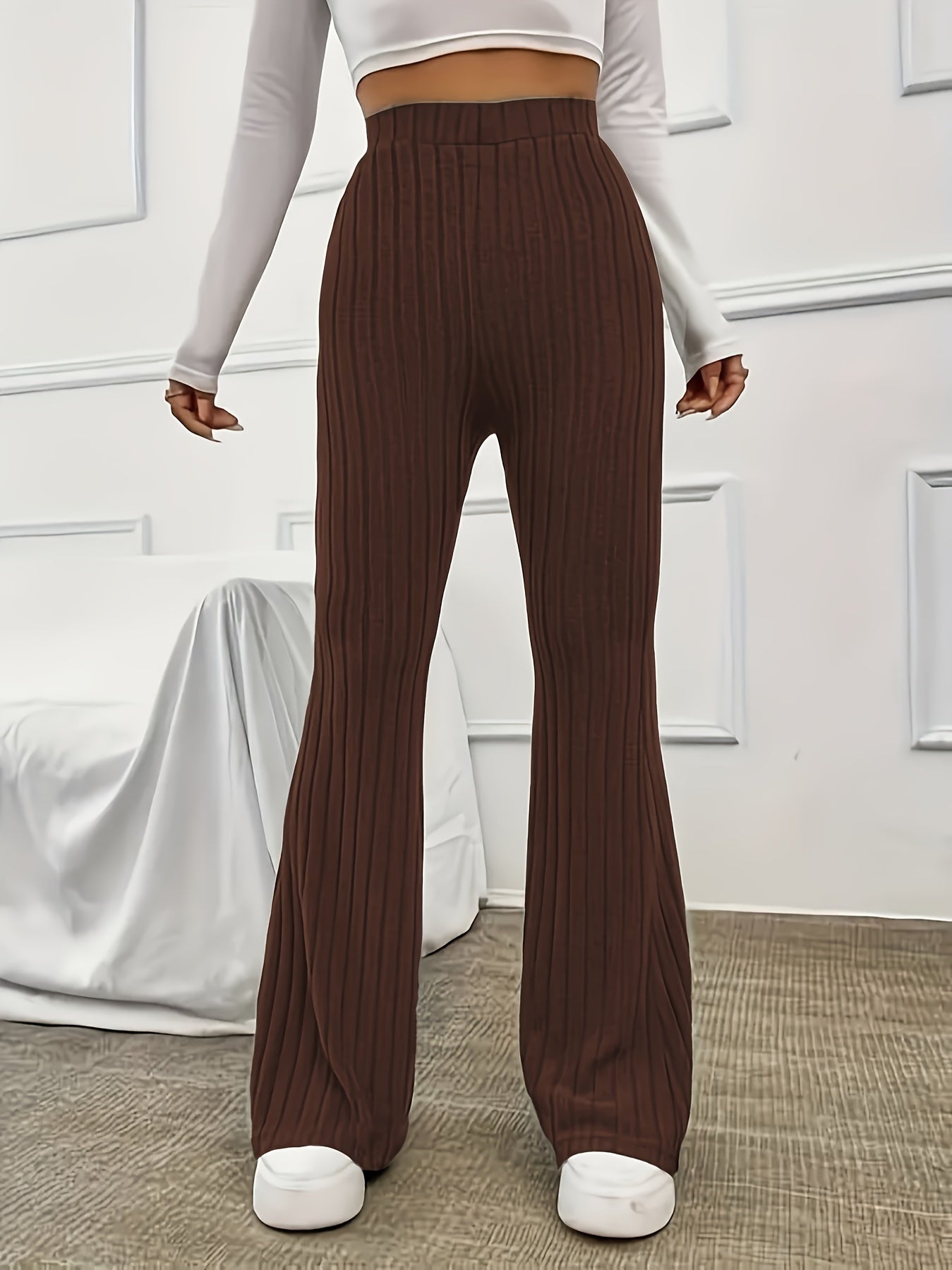 Elegant Ribbed Polyester Long Pants - High Elasticity, Solid Chic, Easy Care, Perfect for Spring & Fall