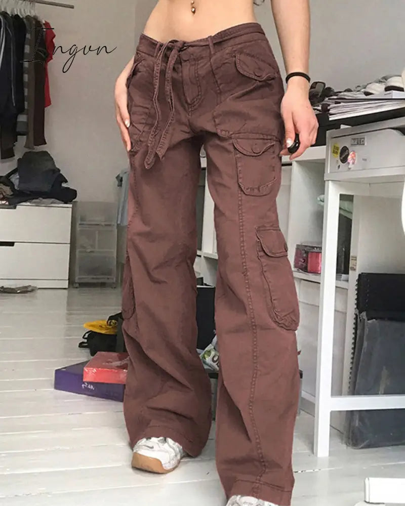 Ingvn - Fashion Women's Jeans Y2K High Street Waist Denim Trousers Drawstring Waist Flap Pocket  Baggy Jeans Loose Women's Classic Pants
