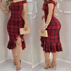 Ingvn - Women Plaid Off Shoulder Ruffle Hem Slit Dress Party Sexy Dress Elegant Fashion Dress