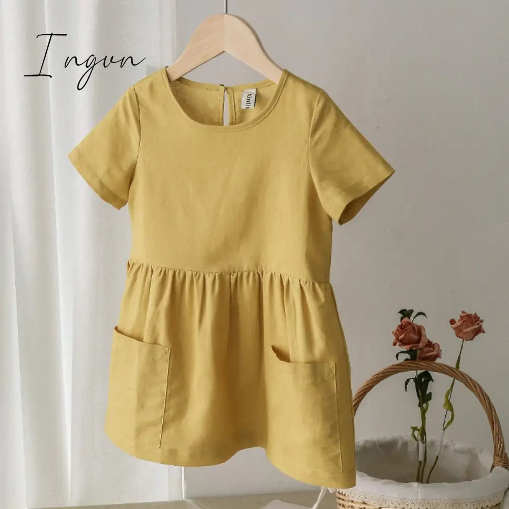 Ingvn - Fashion Cotton Linen Summer Girl Dress Yellow Casual Short Sleeve Kids Holiday Dress With Pockets TZ20