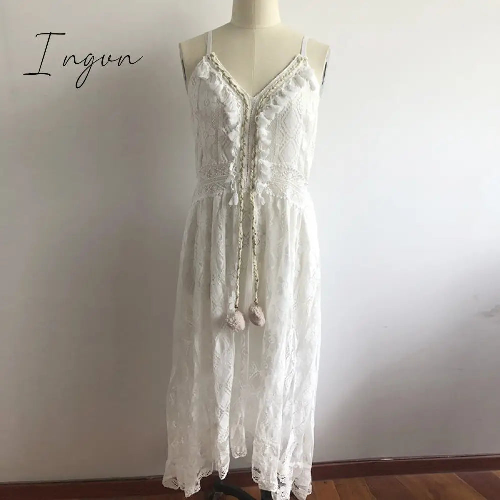 Ingvn - Women Fashion Trends Off Shoulder Lace Patchwork Elegant Dress Women Summer V Neck Spaghetti Strap Dress Female New Fashion Solid Party Dresses