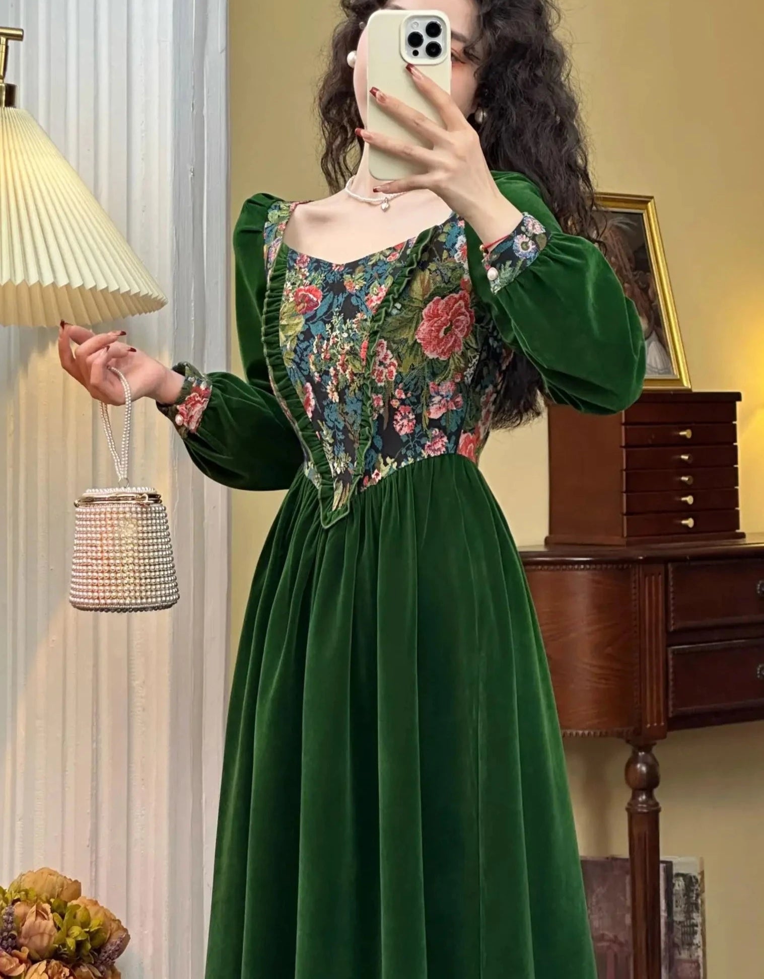 Vintage France Green Velvet Floral Dress for Women Chic Auricular A-line Party Prom Robe Winter Spring Harajuku Clothes