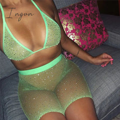 Ingvn - Trends Fishnet Grid See Through Neon Outfits Bandage Low Cut Sexy Backless Crop Top High Waist Skinny Shorts Women Party 2 Piece Sets