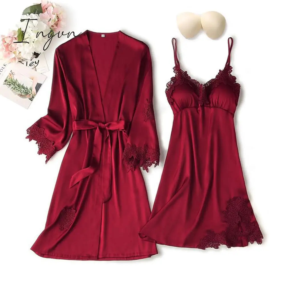 Ingvn - Lace Trim Sexy Wedding Lady Robe Suit Loose Satin Bride Bridesmaid Kimono Bathrobe Gown Mini Sleepwear Rayon Intimate Lingerie