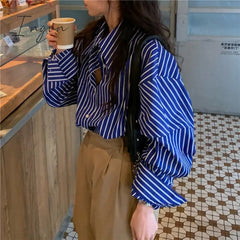 Ingvn - Deeptown Striped Women Blouses Basic Vintage Chic Long Sleeve Shirts Korean Fashion Old Money Style Casual Tops Office Wear