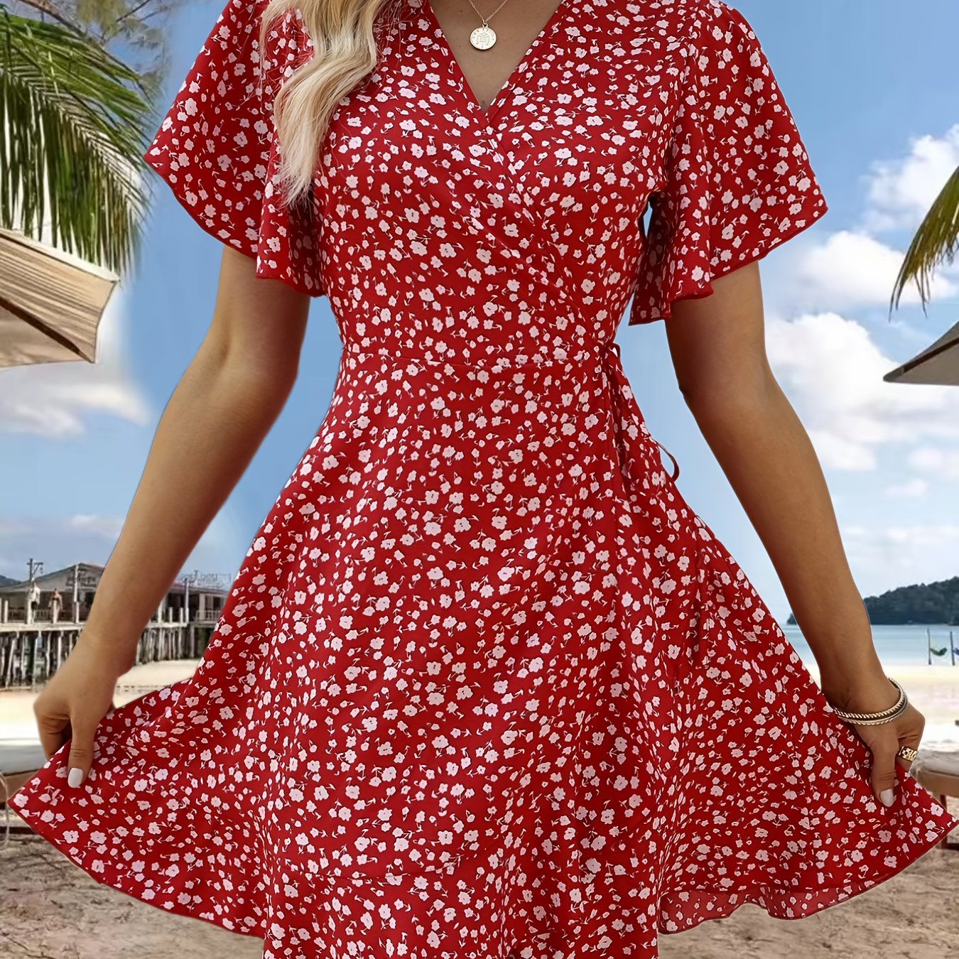 Vibrant Floral Print Ruffle Hem Wrap Dress - Short Sleeve, V-Neck, Sexy, Flowy, Spring & Summer Essential - Women's Clothing for Chic Ladies