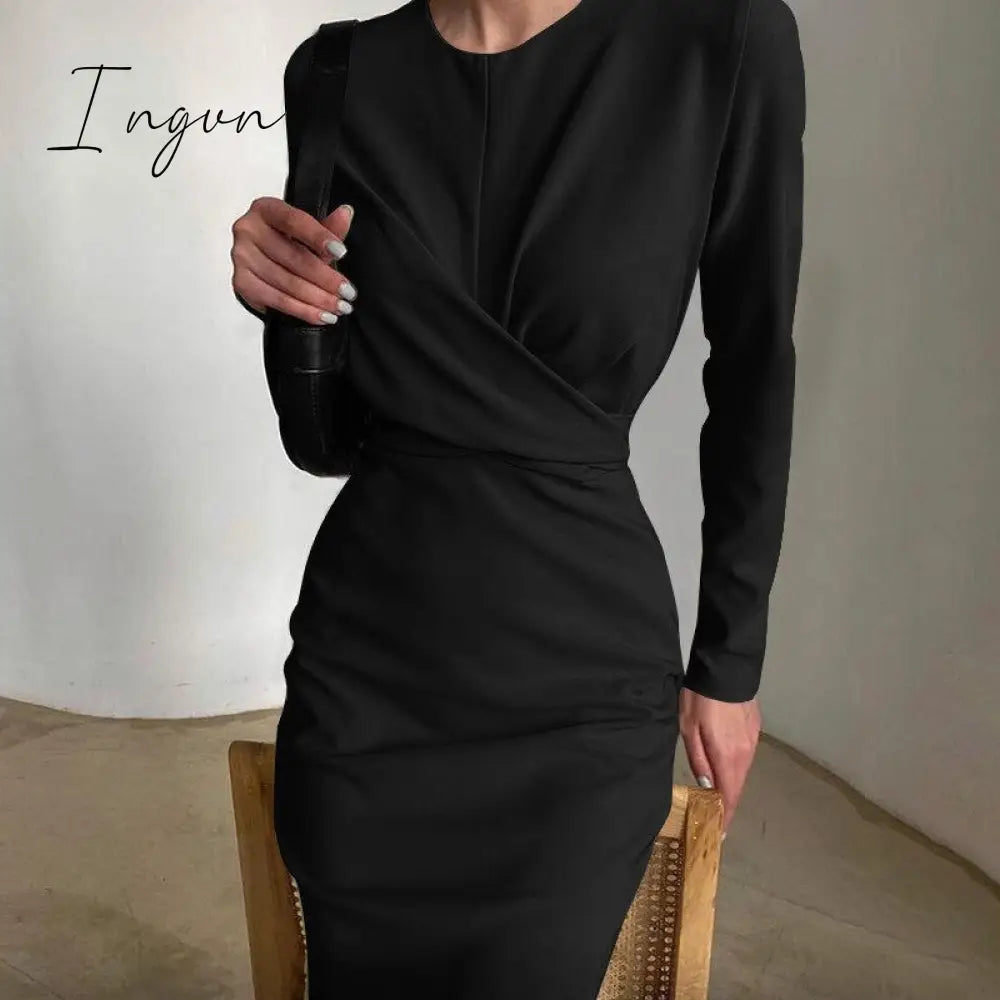 Ingvn - Autumn Elegant Women's French Dress Fashion Long Sleeves Casual Solid Color Dresses New High Waist Office Ladeis Party Vestidos
