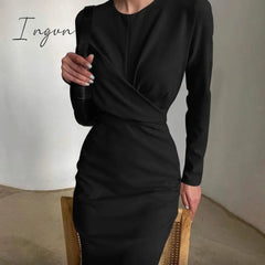 Ingvn - Autumn Elegant Women's French Dress Fashion Long Sleeves Casual Solid Color Dresses New High Waist Office Ladeis Party Vestidos