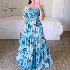 Ingvn - Women's 2023 Butterfly Summer Dress Tube Top Short Sleeve Ruffle Hem A Line Date Night Robes Vacation Bohemian Maxi Dresses XXXL