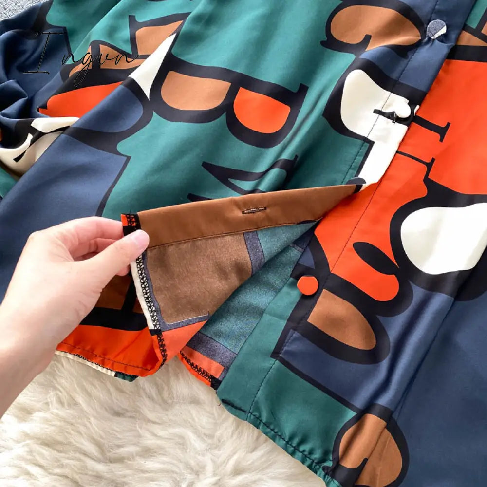 Ingvn - Women's Dress Spring Retro Print Casual Set Design Batwing Sleeve Single Breasted Blouse+High Waist Long Pants Two Piece Suits