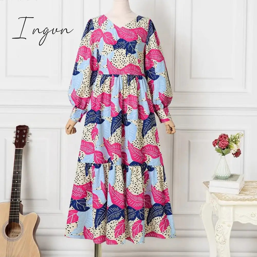 Ingvn - Summer Party Long Maxi Dress Women Long Sleeve Slit Vintage Printed Pleated Bohemian Beach Sundress Casual Vestido