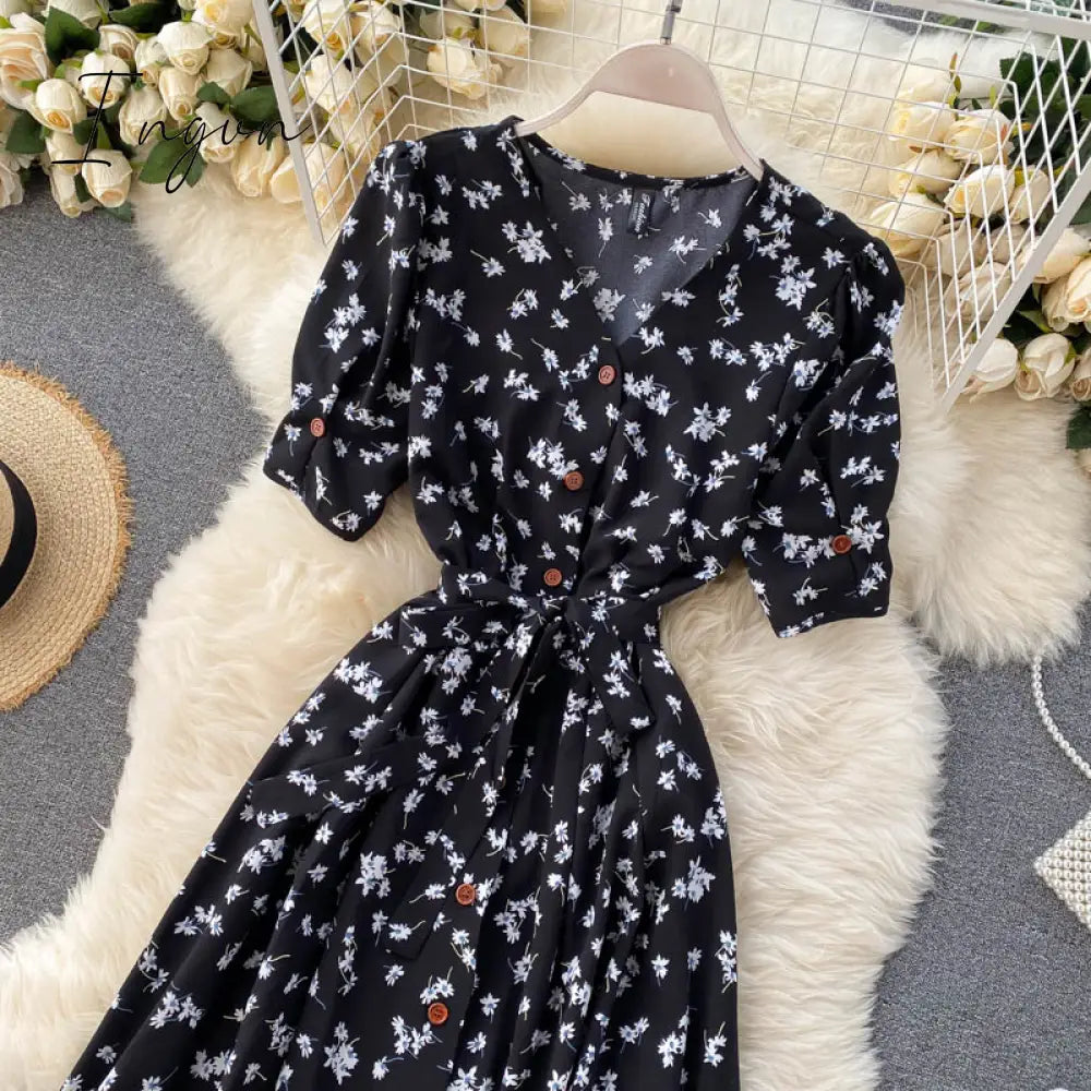 Ingvn - beach Red elegant sexy Dress women Summer Autumn V-neck polka dot midi dress waist split dress vestidos de fiesta clothes