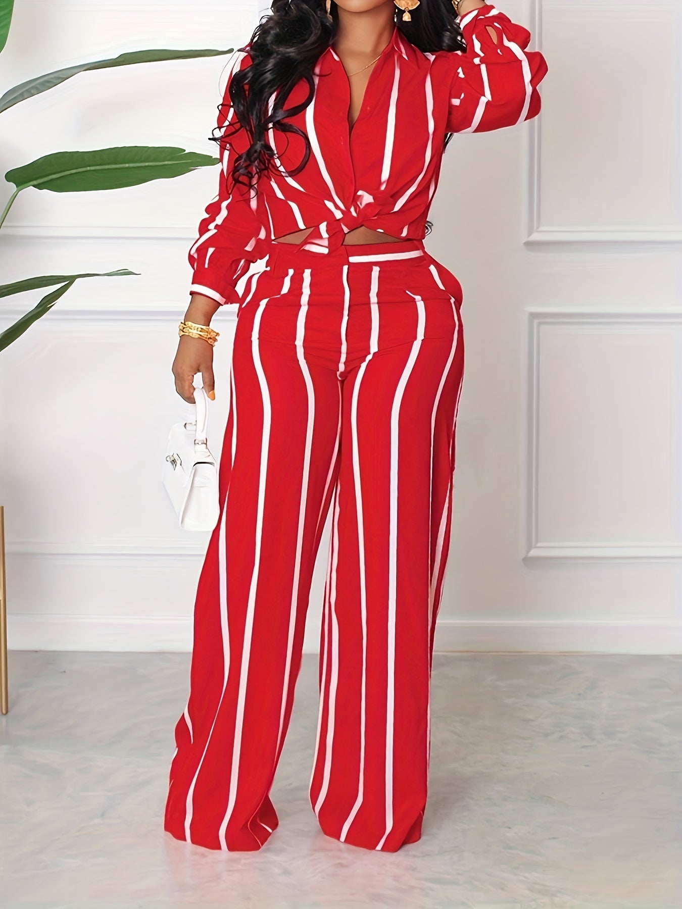 Striped Print Two-piece Set, Button Front Collar Long Sleeve Shirt & High Waist Wide Leg Loose Pants Set, Women's Clothing