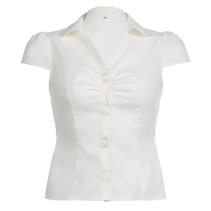 Vintage Folds Crop Top White Button Up Short Sleeve Blouse Women Bandage Korean Fashion T-shirt Casual Streetwear y2k Tee