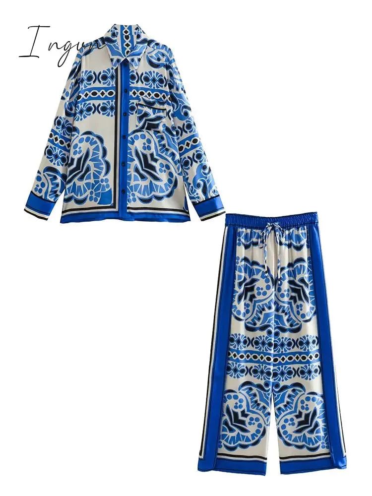 Ingvn - Loose Satin Sleepwear for Women Fashion Print Vintage Silk Pajamas Set 2 Pcs Long Sleeve Pants Female Homewear Chic Summer Suit