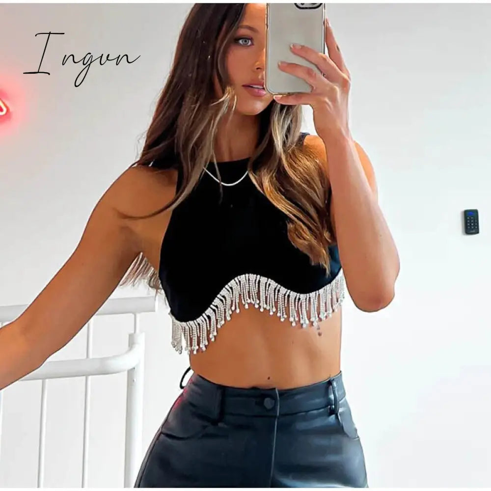 Ingvn - Loose Rhinestone Women Crop Top 2023 Spring Long Sleeve O-neck Tassel Hem Female T-shirt Casual Chic Streetwear Lady Tshirt
