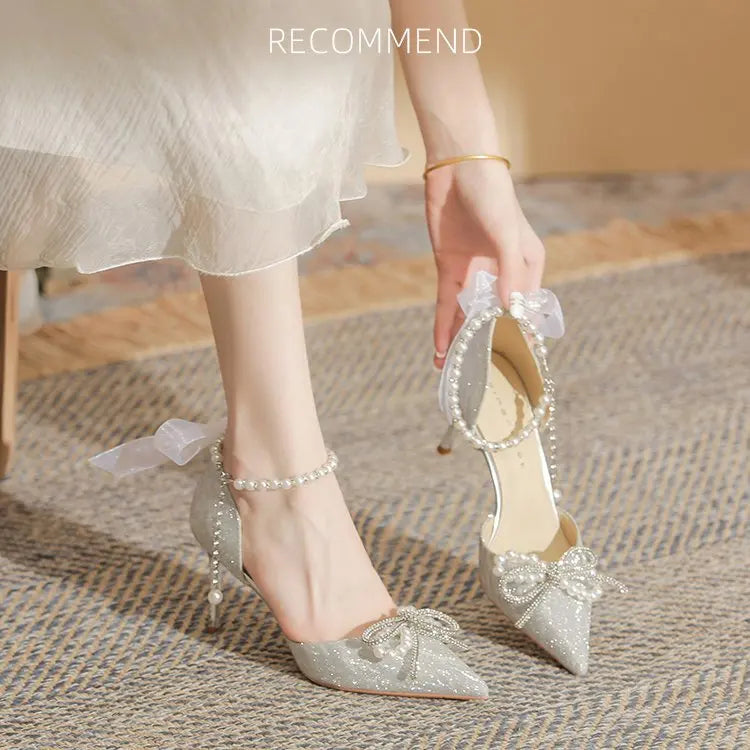 Bridal Wedding Pumps Shoes Women Pumps Crystal Bowknot Satin Sandals Summer Transparent Shoes High Heels Party Prom Shoes