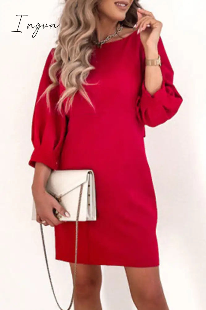 Ingvn - Elegant Solid With Bow Zipper O Neck Pencil Skirt Dresses