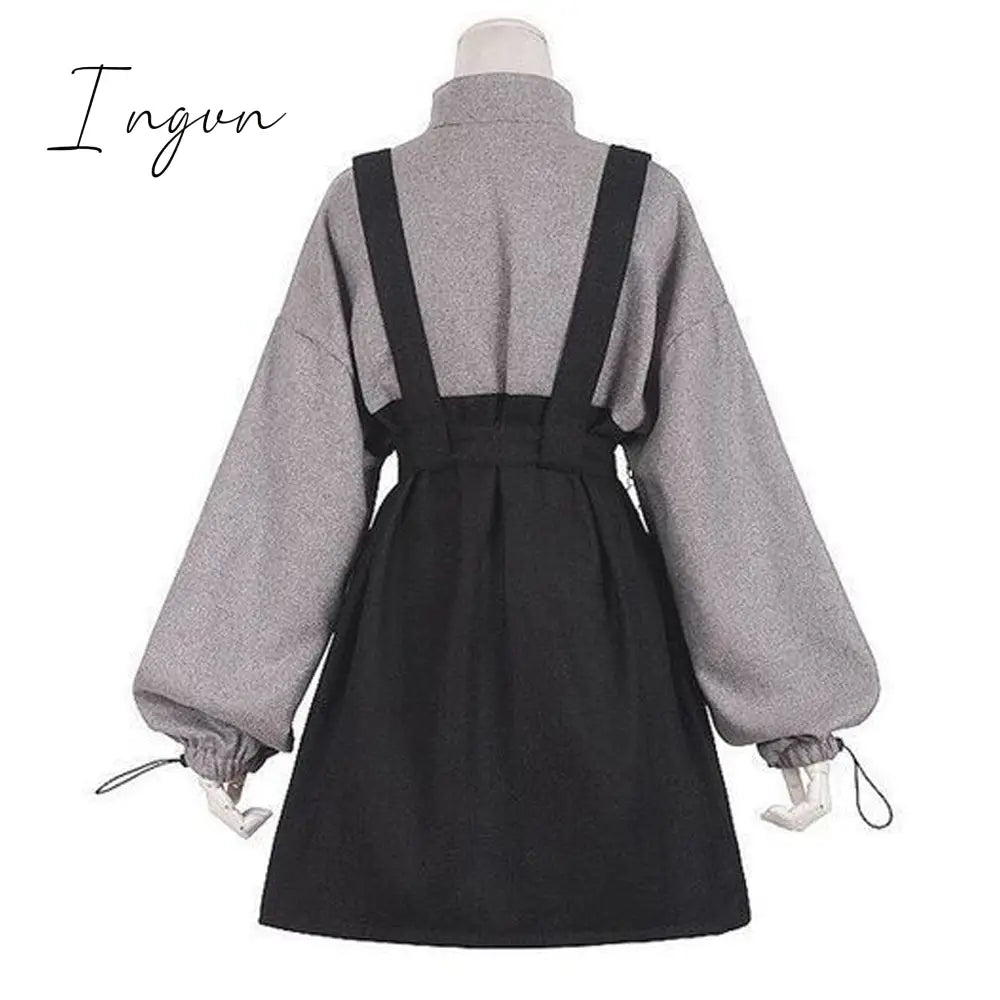 Ingvn - Retro Vintage Women Gothic Girls Punk Mini Dress High Waist Long Sleeve Hat Collar Sexy Gry Black Lolita Plus Size Jurken