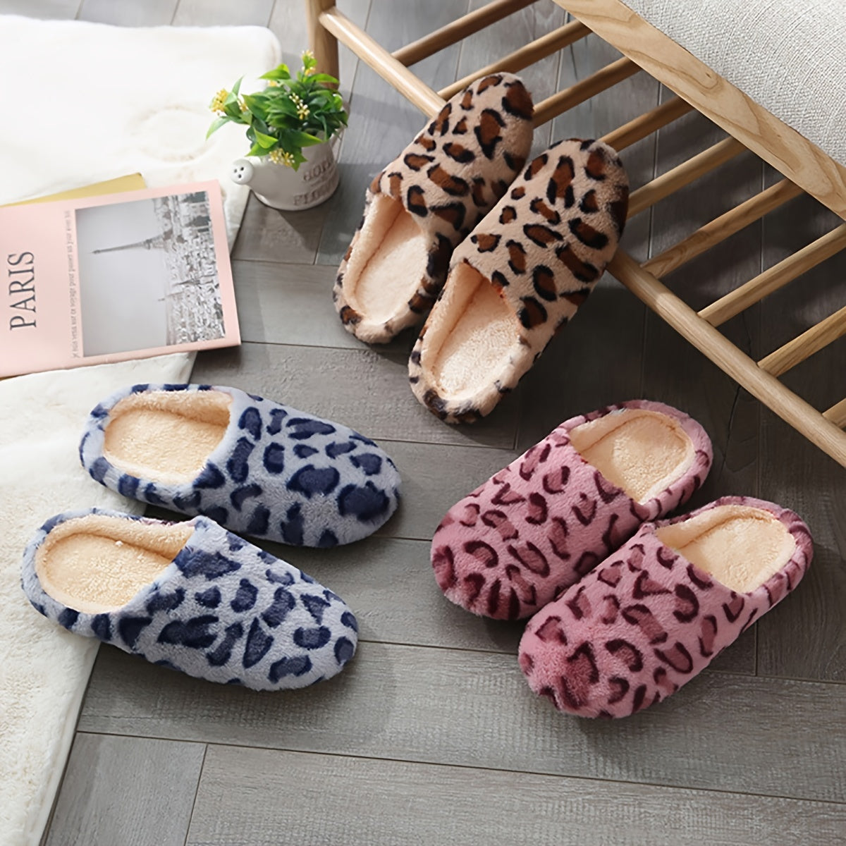 Cozy Leopard Print Womens Fluffy Slippers - Soft, Breathable, and Comfortable Fabric Upper and Insole - Anti-Slip Fabric Sole, Easy Slip-On Design for Indoor Use