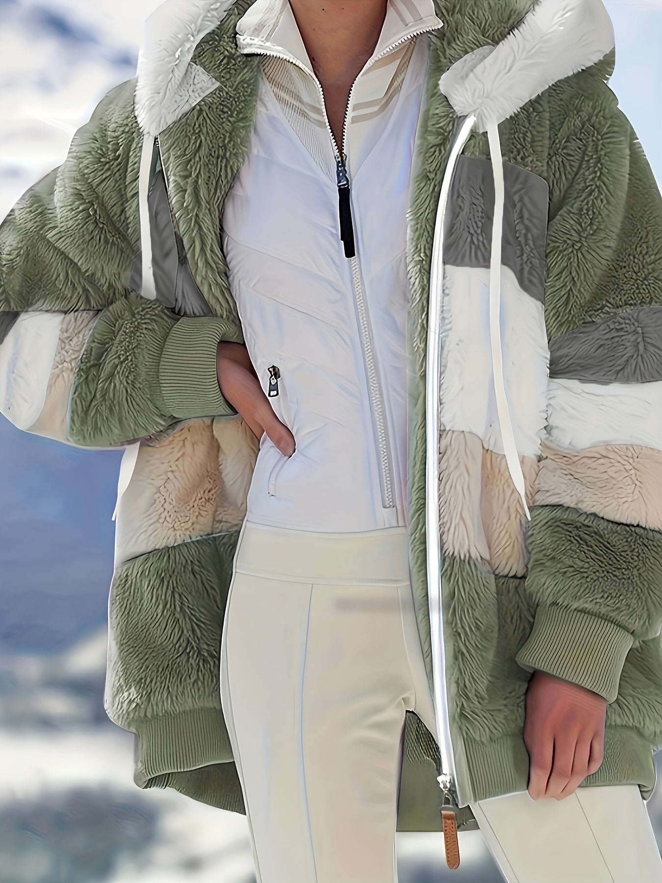 Fuzzy Color Block Coat, Casual Hooded Zip Up Drawstring Long Sleeve Outerwear, Women's Clothing