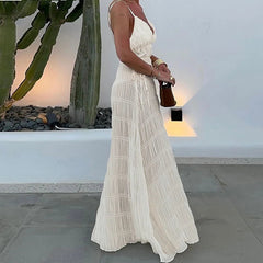 Summer See Through Dresses V-Neck Sleeveless High Waist Patchwork Spaghetti Backless Party Dress Women 2025 Beachwear Maxi Dress