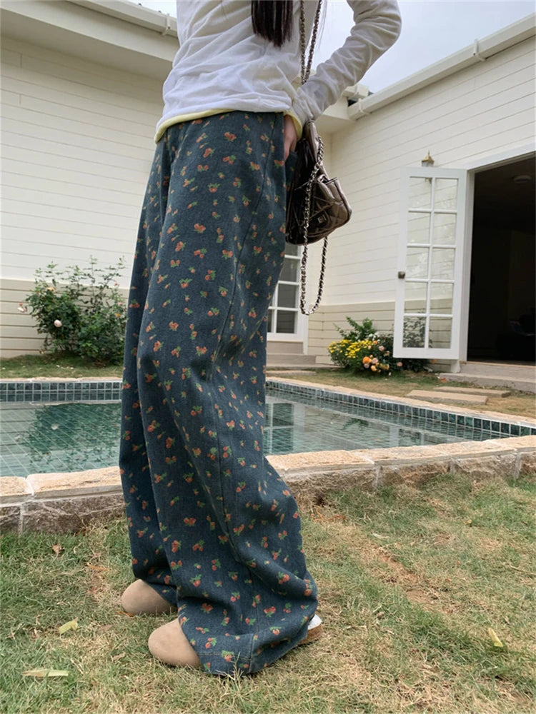 Ingvn  Women's Retro Floral Pattern High Waisted Wide Leg Jeans Summer Cool Girl Bottoms Thin Pants Female Printed Baggy Denim Trousers
