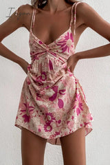 Ingvn - Foridol Casual Floral Boho Elegant French Dress Women Pink Flower Print Bohemian Beach Style Summer Mini Dress