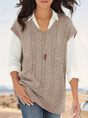Women's All-Season Rib-Knit V-Neck Vest - Durable, Micro-Elastic & Versatile Casual Sweater