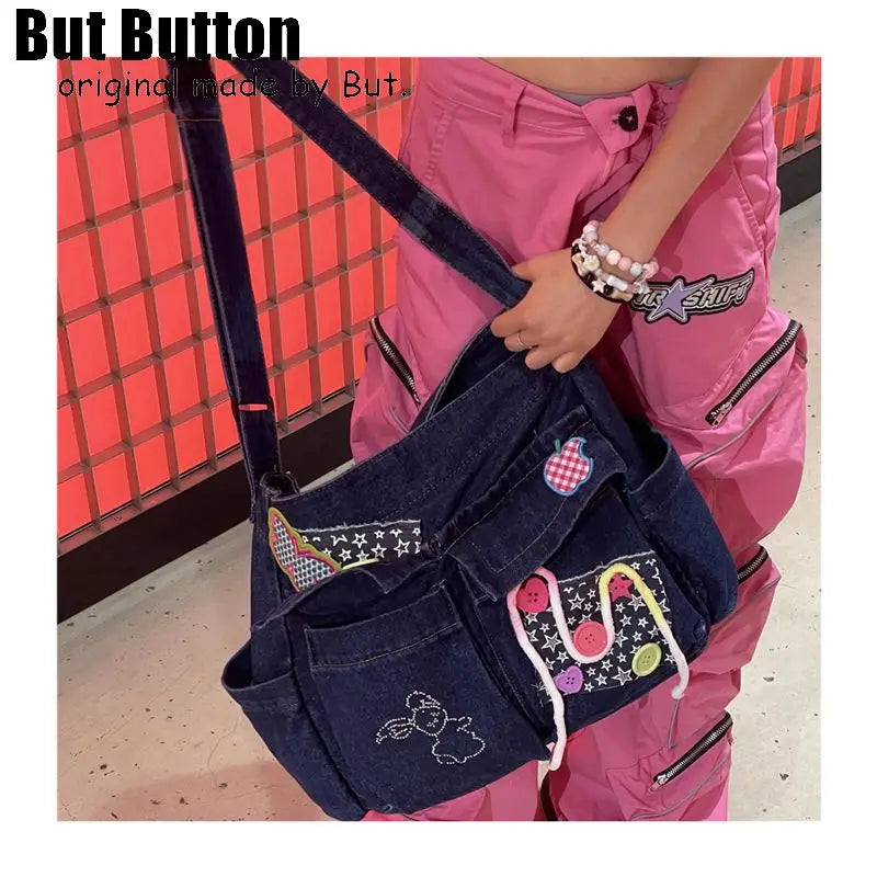Ingvn  Y2k Girl Vintage Harajuku Punk Gothic Multi Pocket Denim Designer Large Capacity One Shoulder Handbag Womens Crossbody Tote Bag