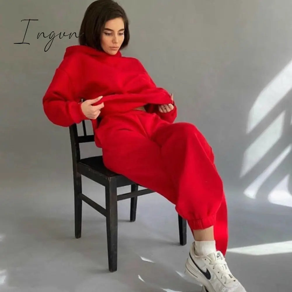 Ingvn - 2 Piece Set Women Spring Autumn Tracksuit Solid Hooded Sweatshirt Top And Wide Leg Pants Suits Loose Casual Fashion Sportswear
