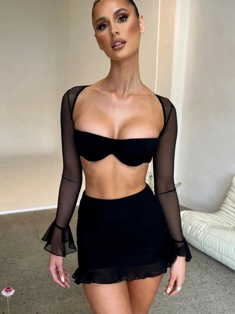 Glitter Mesh Sexy Dress Set Women Strapless Flare Sleeve Crop Top And Mini Skirt Sets Club Party Sparkle Two Piece Set