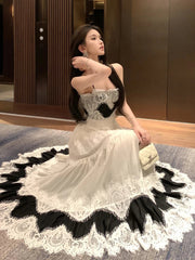Vintage Fashion Women's Black Beige Patchwork Elegant Pleated Evening Party Dress French Summer Sleeveless Backless Slip Dresses